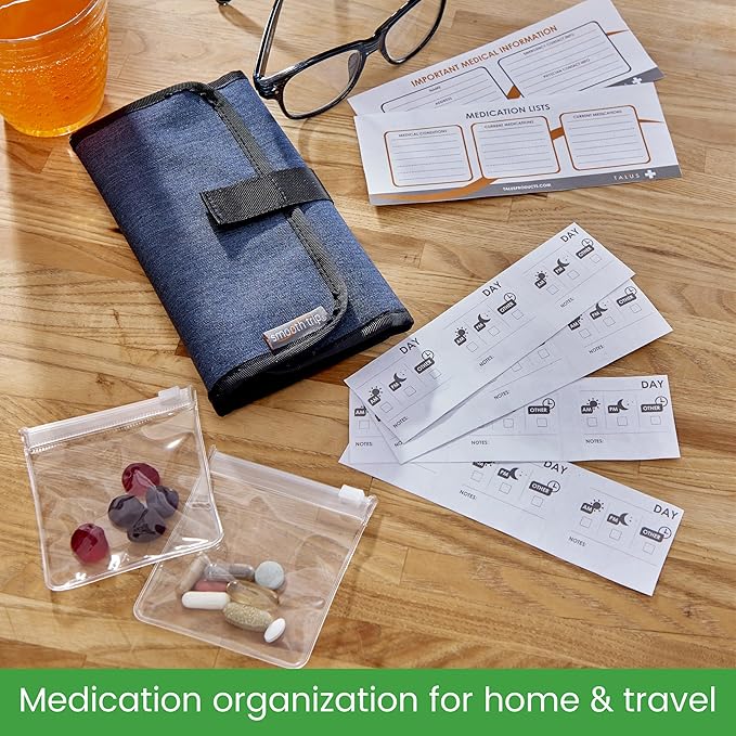 Smooth Trip Folding Pill Organizer - Slim Medicine Wallet and Foldable Pill Pouch Organizer with 8 Food Grade Zip-Close Pill Pouches for Home and Travel Medication Storage
