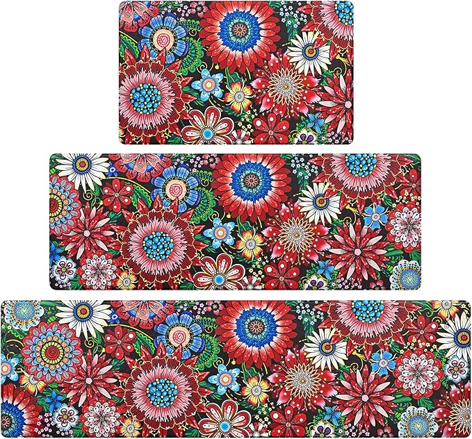 Likiyol Boho Kitchen Rugs Floral Kitchen Mats for Floor Bohemian Cushioned Anti Fatigue Mats for Kitchen Floor Non Slip Washable Kitchen Mat for Home, Sink, 18''x30''+18''x48''+18''x60'', Red
