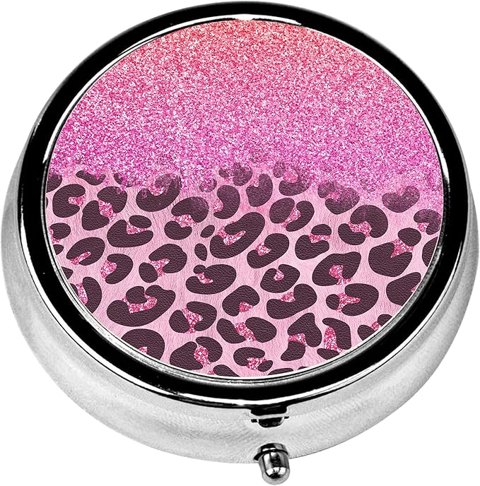 Pill Box, 3 Compartments Small Pill Case Travel Portable Metal Medicine Box with Mirror Mini Container for Purse Pocket Women Men(Pink Glitter)