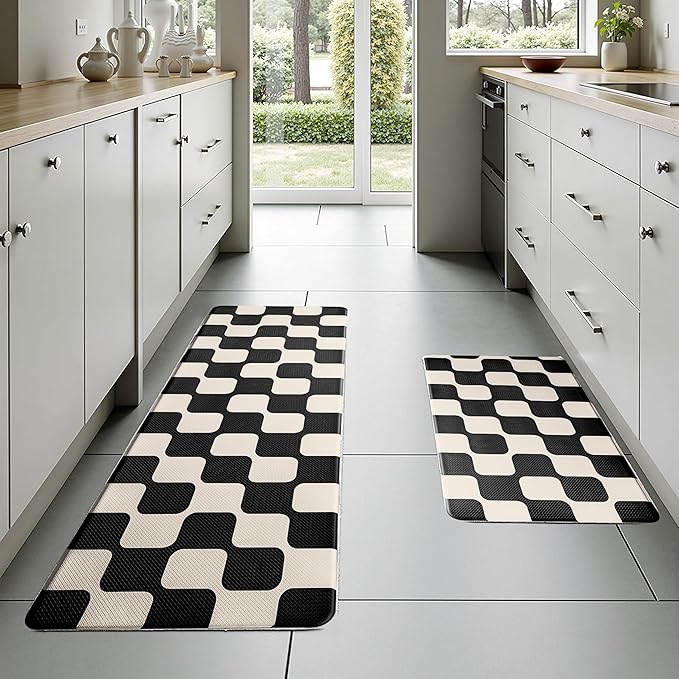 Black Beige Retro Curvy Checkered Grid Checkerboard Kitchen Rug Sets [2 PCs], Anti-Fatigue, Waterproof Non-Slip Kitchen Mats Heavy Duty Comfort Foam Rug for Floor, Home, Laundry,17"x29"+17"x47"