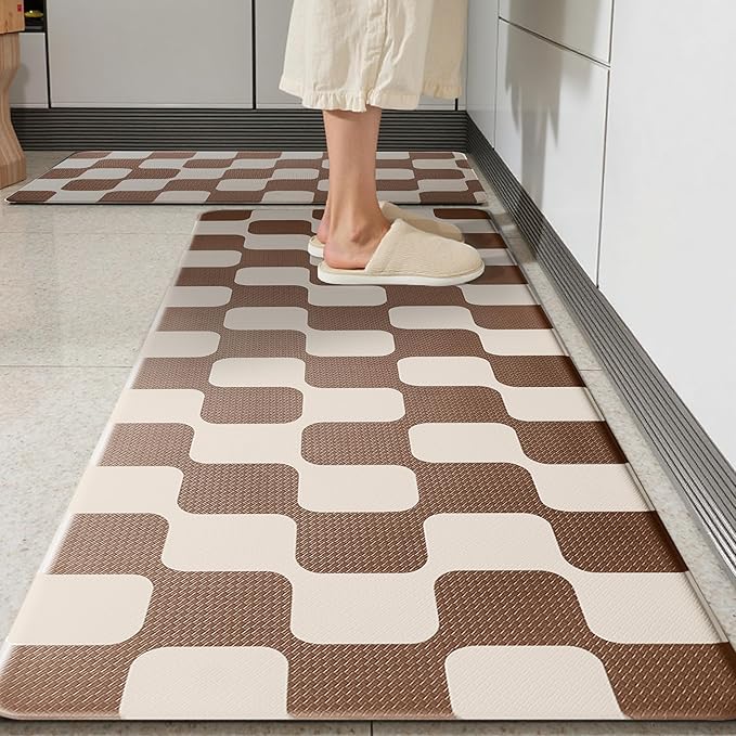 Khaki Beige Retro Curvy Checkered Grid Checkerboard Kitchen Rug Sets [2 PCs], Anti-Fatigue, Waterproof Non-Slip Kitchen Mats Heavy Duty Comfort Foam Rug for Floor, Home, Laundry,17"x29"+17"x47"