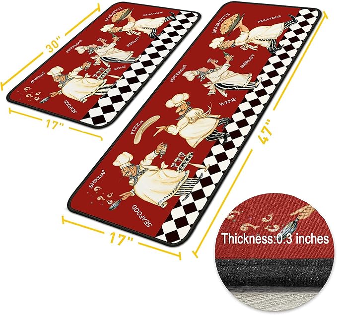 Red Fat Chef Kitchen Rugs 2 Piece Set for Floor Mat, Non Skid Washable Absorbent Microfiber Fat Chef Kitchen Mat for in Front of Sink for Standing for Home Fat Chef Kitchen Decor 17"X30"+17"X47"