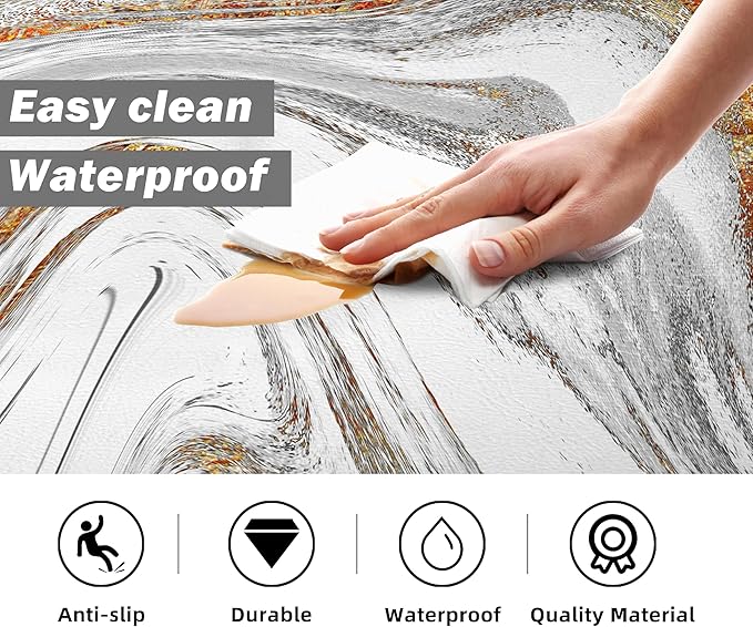 Kitchen Mats for Floor Anti Fatigue Floor White Marble Cushioned Memory Foam Non Slip PVC Leather Padded Comfort Standing Rugs Set of 2, 17.3x28+17.3x47 Inch, 0.4 Inch Thick