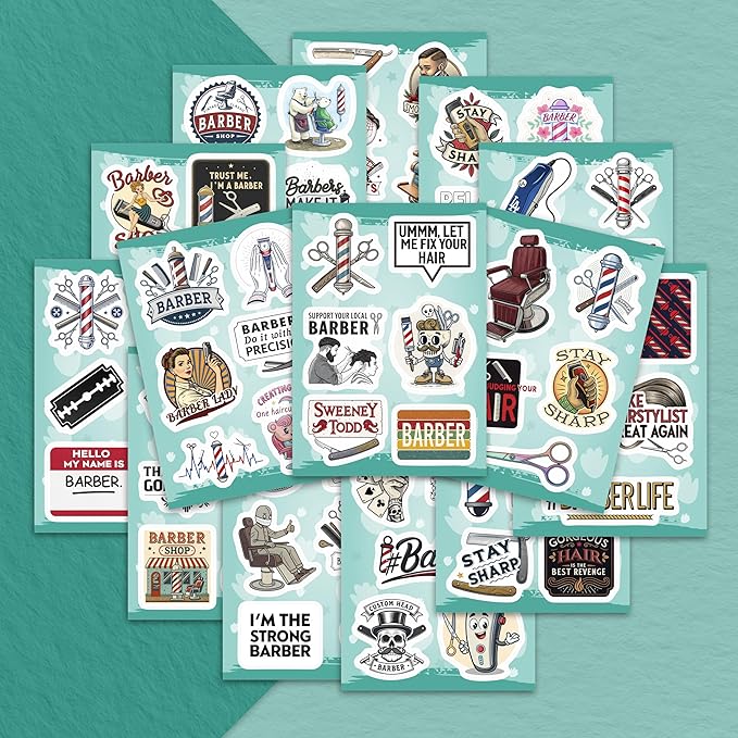 100Pcs Barber Stickers and Decals for Water Bottle, Laptop - Barbershop Stickers - Barber Gifts for Men, Party Supplies - Gift for Women & Men
