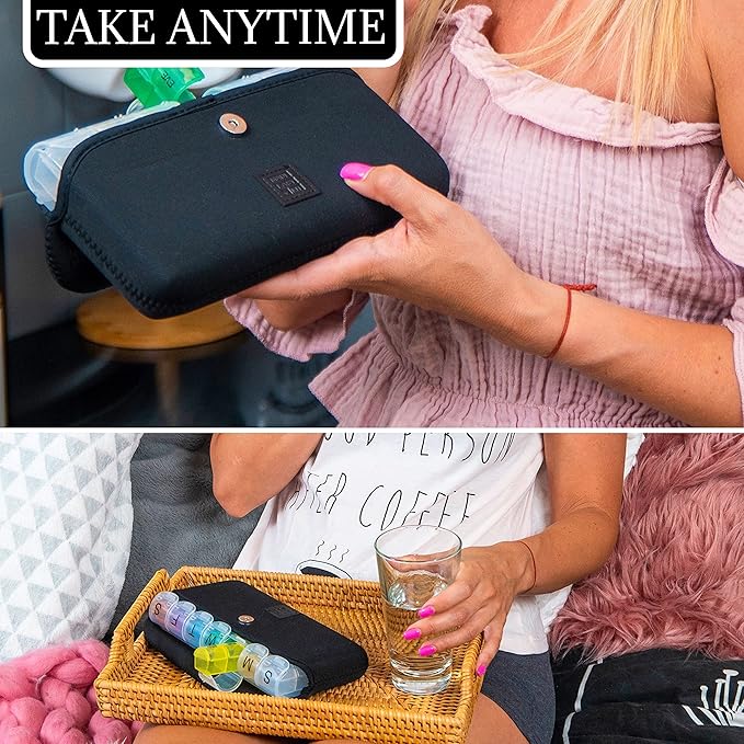 Made Easy Kit Pill Case Large 7-Day / 28 Compartments in Neoprene Carrier with Storage Pill Box in Daily in Morn, NOON, EVE, Bed a Weekly Vitamin, Medicine, Capsule Organization (Black)