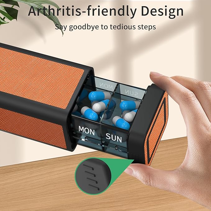 Weekly Pill Organizer 7 Day, Discreet Leather Pill Case for Purse or Pocket, Easy Slide-Out Daily Medication Planner, 1 Time a Day Travel Vitamin and Supplement Holder (Orange)
