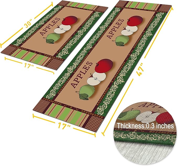 Apple Kitchen Rugs 2 Piece Set for Floor Mat, Non Skid Washable Absorbent Microfiber Apple Kitchen Mat for in Front of Sink for Standing for Home Apple Kitchen Decor 17"X30"+17"X47"