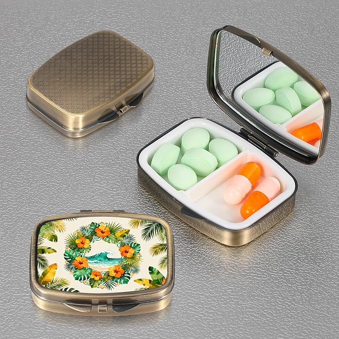 Dynippy Pill Case Pill Box with Mirror Retro Pocket 2 Compartment Medicine Case Vitamin Pill Organizer for Pocket Purse and Travel (A-Tropical Beach Wreath)