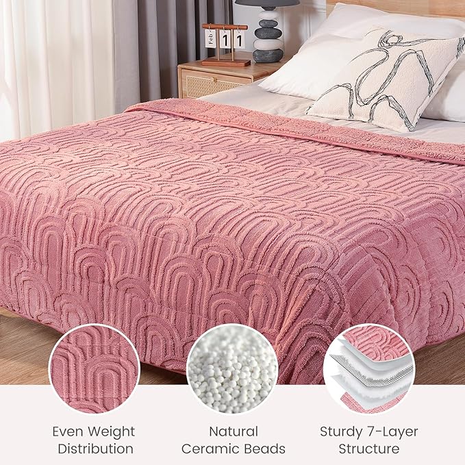 Sherpa Fleece Adult Weighted Blanket Great for Sleep, 15 lbs Dual Sided Soft Fuzzy Heavy Blankets for Couch Bed Sofa, Cozy Warm Arched Jacquard Throw for Winter (Apricot Pink, 60" x 80", 15 Pounds)