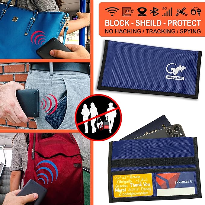 Gecko Travel Tech Blue Nylon Faraday Bag - Signal Blocker for Cell Phone, Car Key FOB, Data Privacy (BLUE - NYLON)