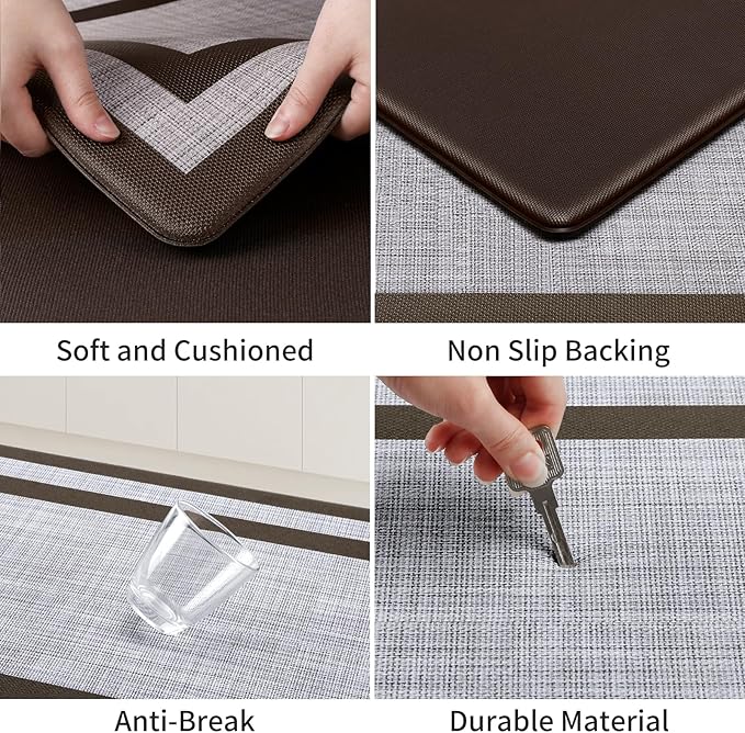 Mattitude Kitchen Mats Set of 2 Cushioned 0.47 inch Thick Rugs Non-Skid Waterproof Mats and Ergonomic Comfort Standing for Floor, Office, Sink,Laundry,Chocolate