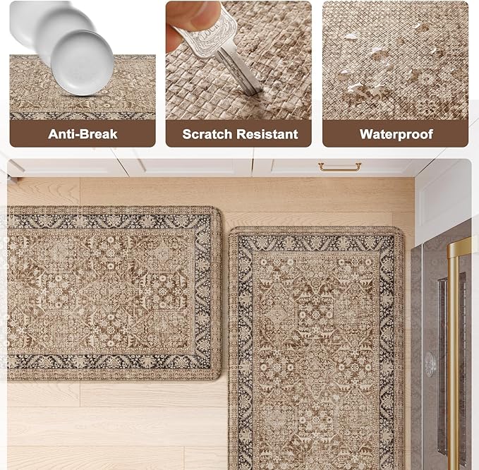 KIMODE Anti Fatigue Mats for Kitchen Floor, 20"x71" Boho Vintage Kitchen Runner Rug, Cushioned Floor Mat Non Slip, Memory Foam Standing Mat for Sink Laundry Office Desk Brown