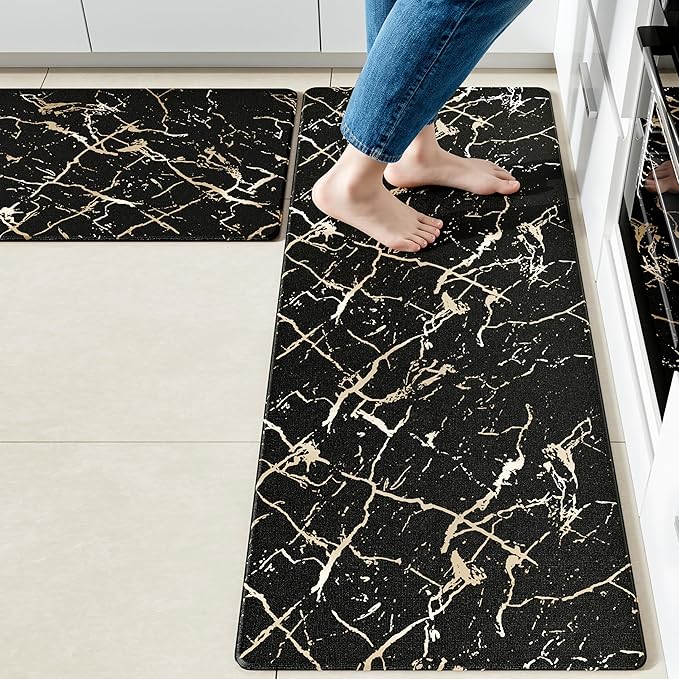 Gold Foil Stamped Marble Kitchen Mats for Floor 2PCS Cushioned Anti Fatigue Non Slip Waterproof Comfort Leather Kitchen Rugs 2/5 Inch PVC Kitchen Mats for Sink, Laundry, 17.3"x28"+17.3"x59", Black