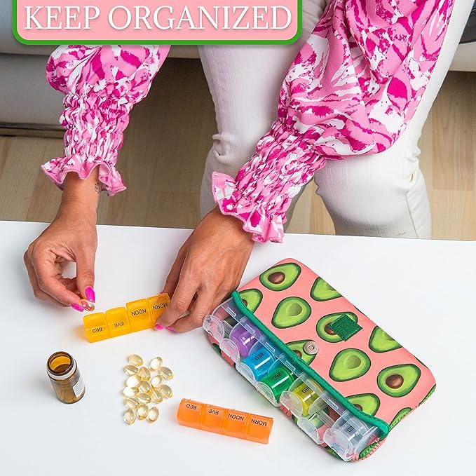 Made Easy Kit Pill Case Large 7-Day / 28 Compartments in Neoprene Carrier with Storage Pill Box in Daily in Morn, NOON, EVE, Bed a Weekly Vitamin, Medicine, Capsule Organization (Green Pink Avocado)