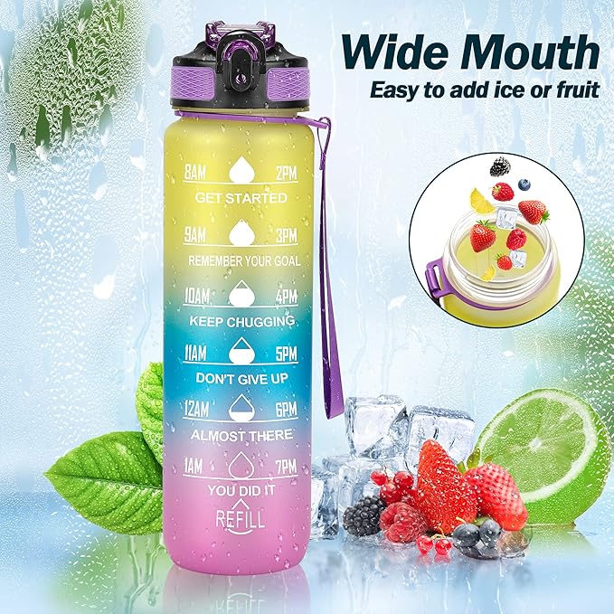 Motivational Water Bottle with Time Marker - 32oz, Leak-proof BPA Free Sports Water Bottles with Straw & Carrying Strap
