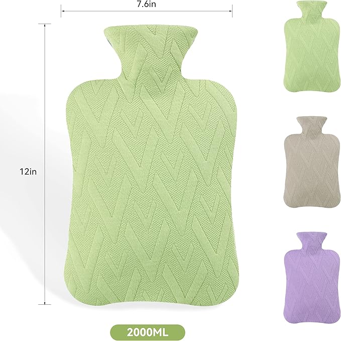 samply Hot Water Bottle with Cover, 2L Hot Water Bag for Hot and Cold Compress, Hand Feet Warmer, Neck and Shoulder Pain Relief, Light Green