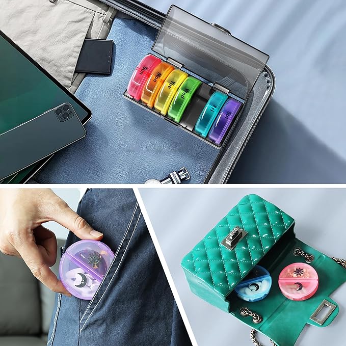 MOLN HYMY Portable Pill Organizer 2 Times a Day, Travel Friendly 7 Day Medicine Pill Box with Large AM PM Compartments for Medications/Vitamins/Fish Oil/Supplements (Rainbow+Black Case)