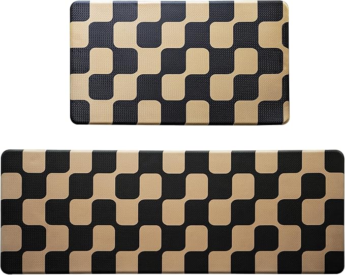 Black Brown Retro Curvy Checkered Grid Checkerboard Kitchen Rug Sets [2 PCs], Anti-Fatigue, Waterproof Non-Slip Kitchen Mats Heavy Duty Comfort Foam Rug for Floor, Home, Laundry,17"x29"+17"x47"