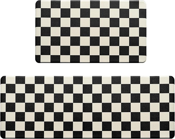 Beige Black Checkered Grid Checkerboard Kitchen Rug Sets [2 PCs], Anti-Fatigue, Waterproof Non-Slip Kitchen Mats Heavy Duty Comfort Foam Rug for Kitchen, Floor, Laundry,17"x29"+17"x47"