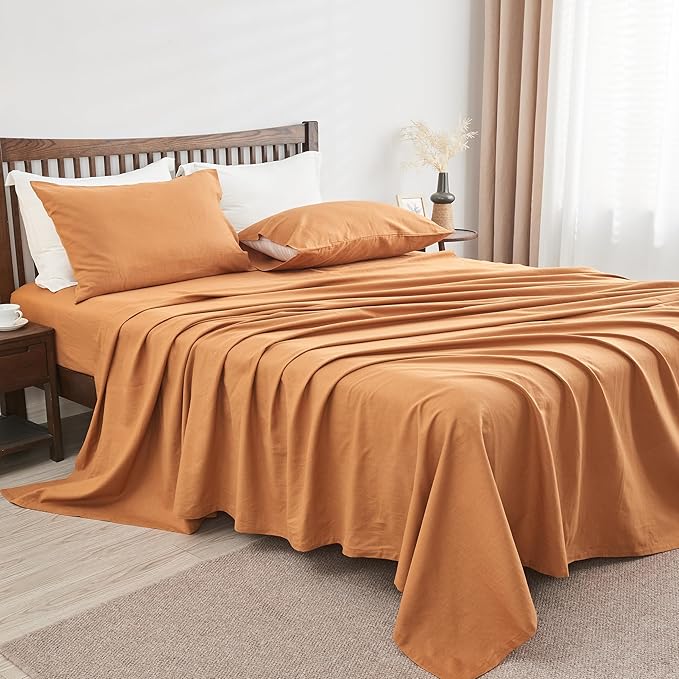 Simple&Opulence Belgian Linen Sheet Set Solid Color - 3 Pieces (1 Flat Sheet, 1 Fitted Sheet & 1 Pillowcase) Natural Flax Cotton Blend Soft Breathable Farmhouse Bedding - Twin Size, Rust