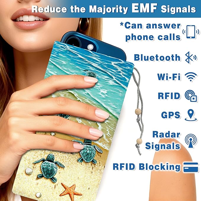 EMF Shield Sleeve for Cell Phone Reduce Signal Anti-EMP Pouch Against Radiation, EMF, 5G, RFID Blocking 4x8 Inch Beach Sea Turtle Phone Sleeve Bags