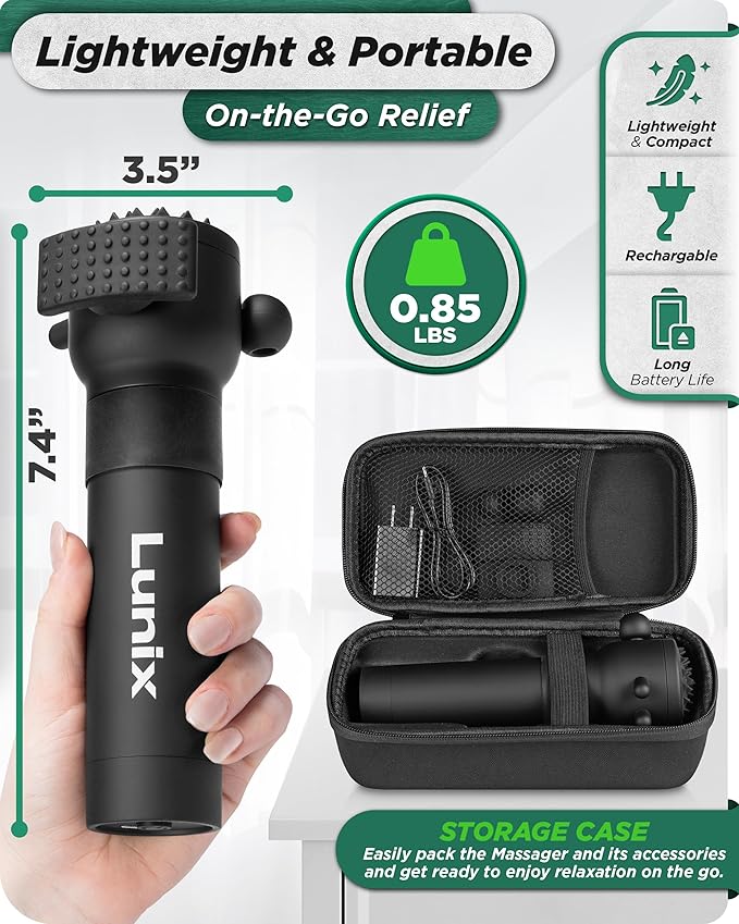 Lunix LX28 Premium Deep Tissue Massage Gun for Neck, Back & Legs, USB-C Rechargeable Portable Vibration Massager with 7 Interchangeable Heads, Acupressure Head, 4 Intensity Levels, Carrying Case