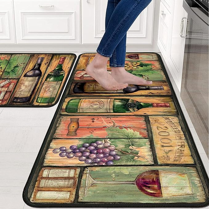 Wine Kitchen Rugs 2 Piece Set for Floor Mat, Non Skid Washable Absorbent Microfiber Wine Kitchen Mat for in Front of Sink for Standing for Home Wine Kitchen Decor 17"X30"+17"X47"