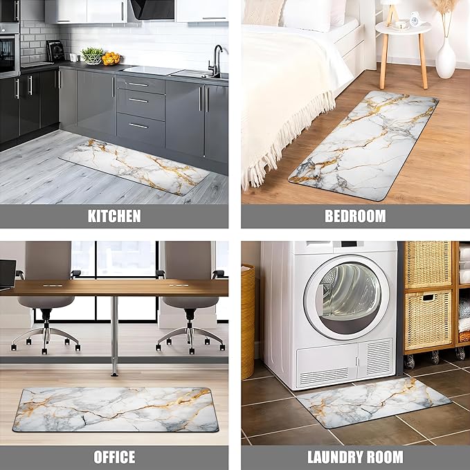 Kitchen Mats for Floor Anti Fatigue Floor Marble Cushioned Memory Foam PVC Leather Non Slip Padded Comfort Standing Rugs Set of 2, 17.3x28+17.3x47 Inch,0.4 Inch Thick