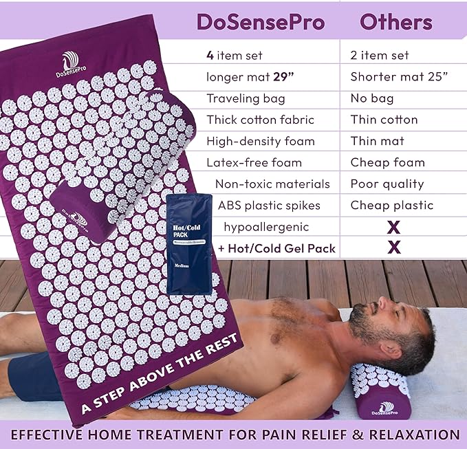 Acupressure Mat & Pillow Set – Extra-Long 29” Acupressure Therapy for Back & Neck Pain Relief, Sciatica, Stress Relief & Sleep Support – Includes Carry Bag & Hot/Cold Pack (Purple)