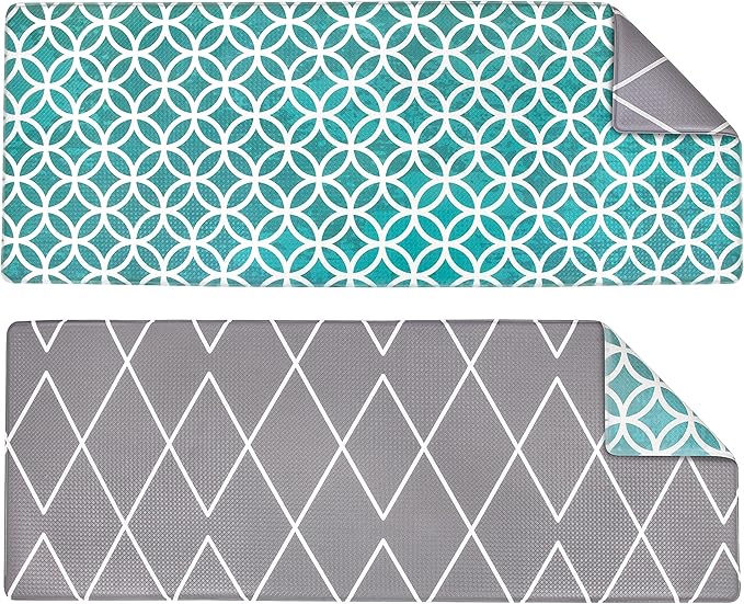 OPUX Anti Fatigue Kitchen Floor Mat, Reversible Cushioned Memory Foam Kitchen Rug Pad, Waterproof Non-Slip Padded Comfort Standing Mat Office Laundry Home, 47x17 (Geometric Teal Gray)