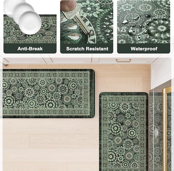 KIMODE Kitchen Mats for Floor Anti Fatigue, Farmhouse Green Kitchen Rugs Sets of 2, Cushioned Kitchen Floor Mats, Comfort Standing Mat for Sink, Laundry, Office, Desk 17"x59"+17"x29"