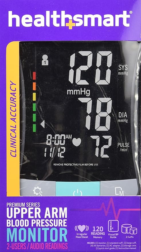 HealthSmart Digital Premium Blood Pressure Monitor with Automatic Upper Arm Cuff that Displays Blood Pressure, Pulse Rate and Irregular Heartbeat, Stores up to 120 Readings for 2 Users