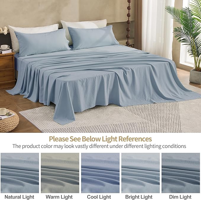 Simple&Opulence Belgian Linen Sheet Set Solid Color - 5 Pieces (1 Flat Sheet, 2 Fitted Sheets & 2 Pillowcases) Natural Flax Cotton Blend Soft Breathable Farmhouse Bedding - Split King Size, Dusty Blue
