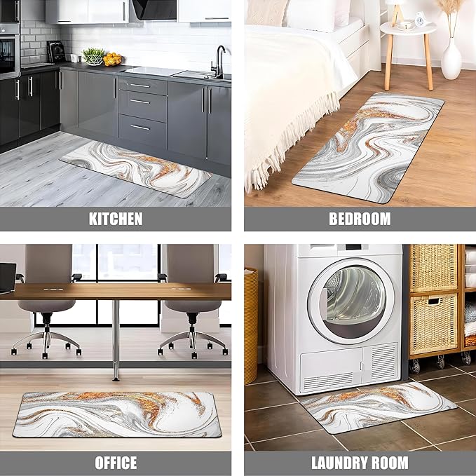 Kitchen Mats for Floor Anti Fatigue Floor White Marble Cushioned Memory Foam Non Slip PVC Leather Padded Comfort Standing Rugs Set of 2, 17.3x28+17.3x47 Inch, 0.4 Inch Thick