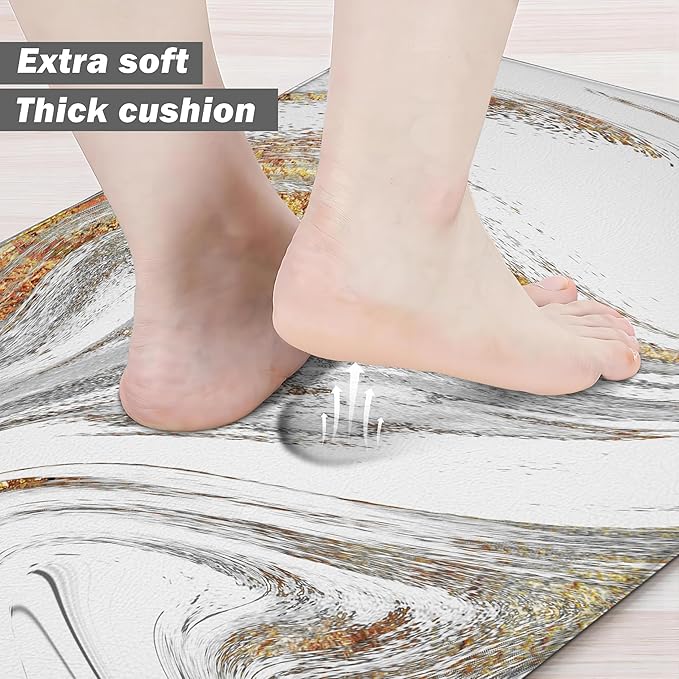 Kitchen Mats for Floor Anti Fatigue Floor White Marble Cushioned Memory Foam Non Slip PVC Leather Padded Comfort Standing Rugs Set of 2, 17.3x28+17.3x47 Inch, 0.4 Inch Thick