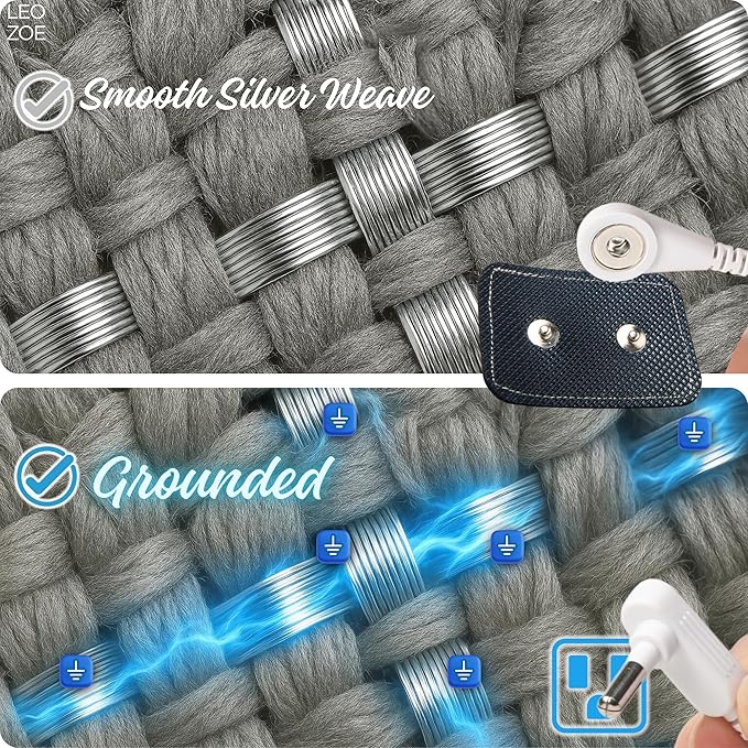 Premium Fitted Grounding Sheet - Gray, Queen (60"x80"), 95% Organic Cotton, 5% Silver Thread, 15' Upgraded Earthing Cord, for Better Sleep & Wellness with Holistic Alignment