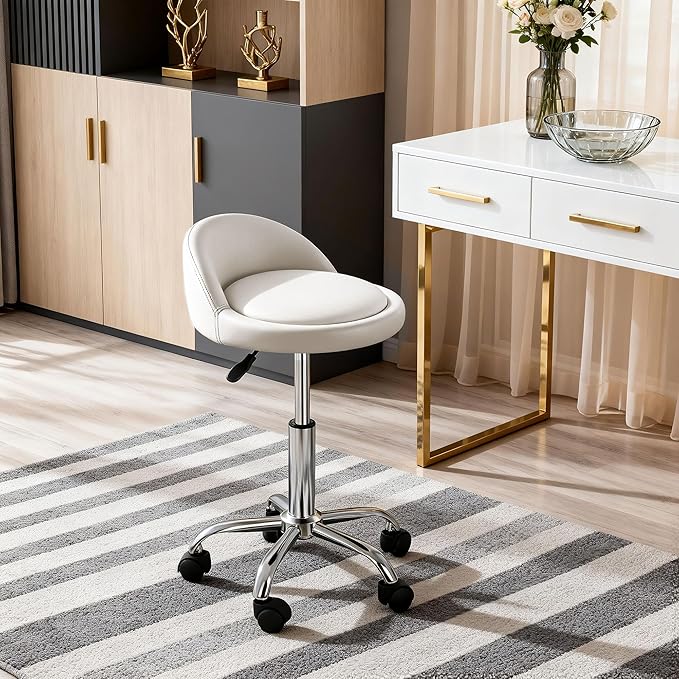 SUPER DEAL Adjustable Height Hydraulic Rolling Swivel Stool Tattoo Facial Massage Spa Salon Medical Stool with Back Rest (White)