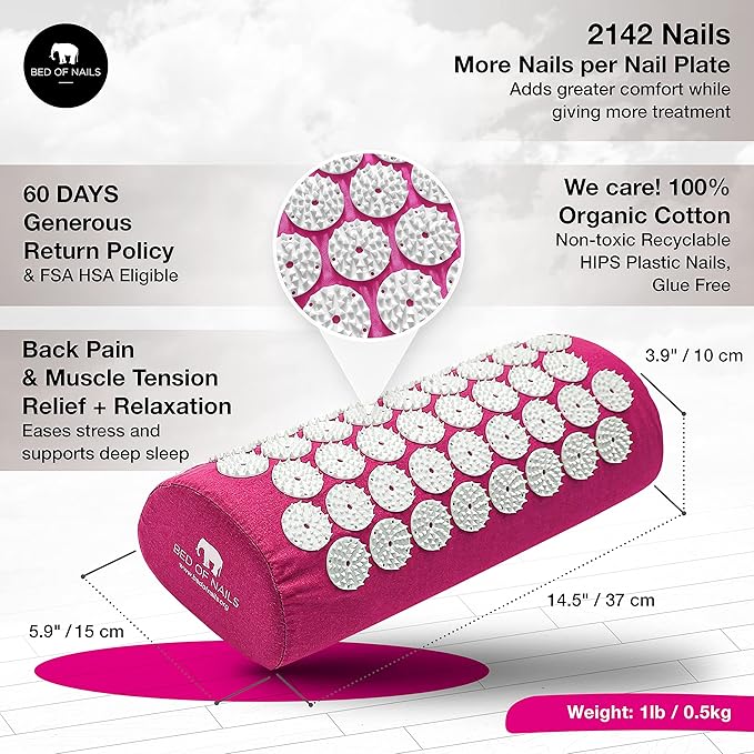 Bed of Nails Original Comfortable Acupressure Lumbar Cushion Pillow, 2142 Acupuncture Pressure Points, Neck Pain Relief, Increased Energy, Relaxation, FSA/HSA Eligible, Drawstring Bag, 15x6x4, Pink
