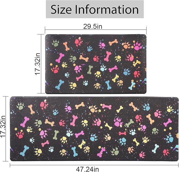 Farmhouse Kitchen Mats Cushioned Anti Fatigue Mats for Kitchen Floor Waterproof Kitchen Mats and Rugs Comfort Standing Mat for Kitchen, Laundry Room, Colorful Dog Paw and Bone(Black/Multicolor)