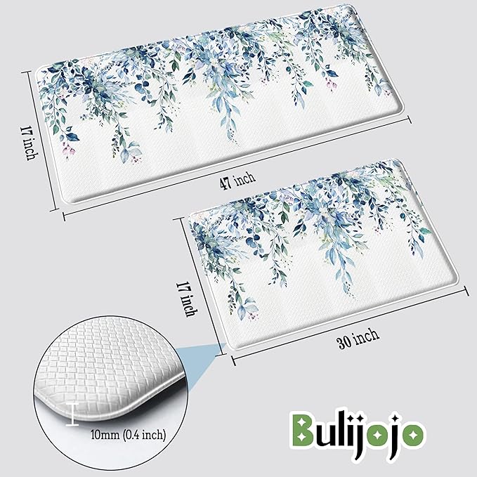 Bulijojo Blue Leaves Anti Fatigue Kitchen Floor Mats Set of 2 Waterproof Kitchen Sink Runner Rug Standing Mat Cushioned Kitchen Rugs Comfort Doormat 17"x47"+17" x30“