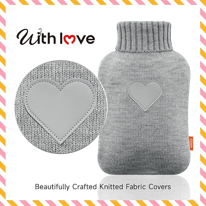 samply 2L Hot Water Bottle, 2 Packs Hot Water Bag with 2 Knitted Covers for Pain Relief, Birthday ldeas Gifts for Women, Daughter, Grandma, Sister, Wife (Grey&Khaki)