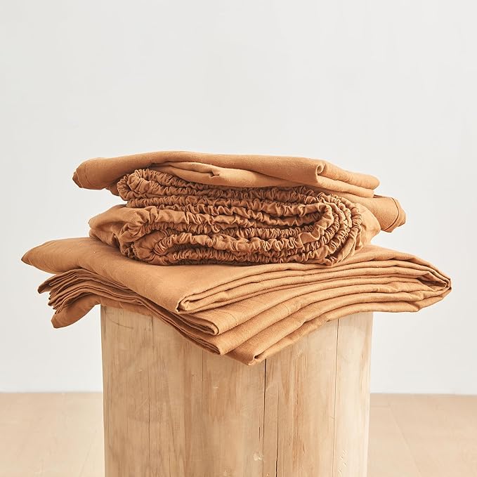 Simple&Opulence Belgian Linen Sheet Set Solid Color -Sheet Set 4PC - Cal King Natural Flax Cotton Blend Soft Breathable Farmhouse Bedding - California King, Rust