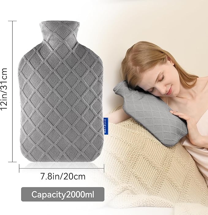 Hot Water Bottle with Soft Cover, 2L Hot Water Bag, Hot and Cold Therapies for Sore Muscles, Menstrual Cramps, Neck and Shoulder Pain Relief, Great for Women, Childs, Gray