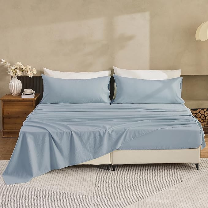 Simple&Opulence Belgian Linen Sheet Set Solid Color - 5 Pieces (1 Flat Sheet, 2 Fitted Sheets & 2 Pillowcases) Natural Flax Cotton Blend Soft Breathable Farmhouse Bedding - Split King Size, Dusty Blue