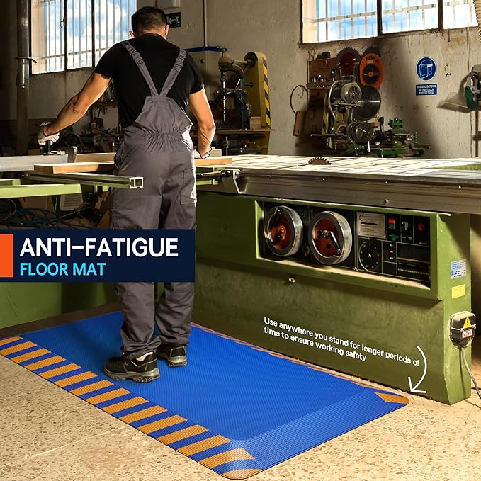 FEATOL Anti Fatigue Mat Industrial, Ergonomic Standing Floor Mat for Work for Stand, Safety Support for Leg & Back Pain(Blue with Yellow Border, 20" x 32", 1PC)