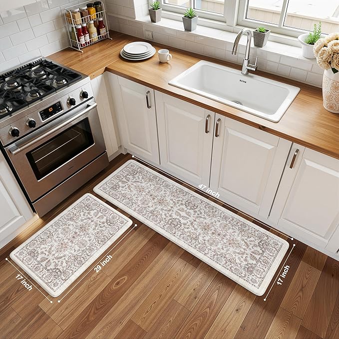 KIMODE Anti Fatigue Mats for Kitchen Floor,Kitchen Rugs Sets of 2 Non Slip,Padded Cushioned Kitchen Floor Mats,Memory Foam Kitchen Mat for Sink Laundry Office Desk,17"x29.5"+17" x47”,Khaki
