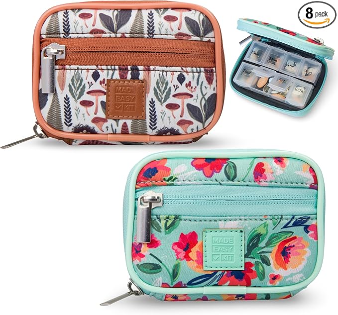 Made Easy Kit Pill Case - Weekly Medicine Organizer with Removable Seven-Day Vitamin & Supplement Box - Premium Neoprene for Travel Purse Accessory (Brown Teal)