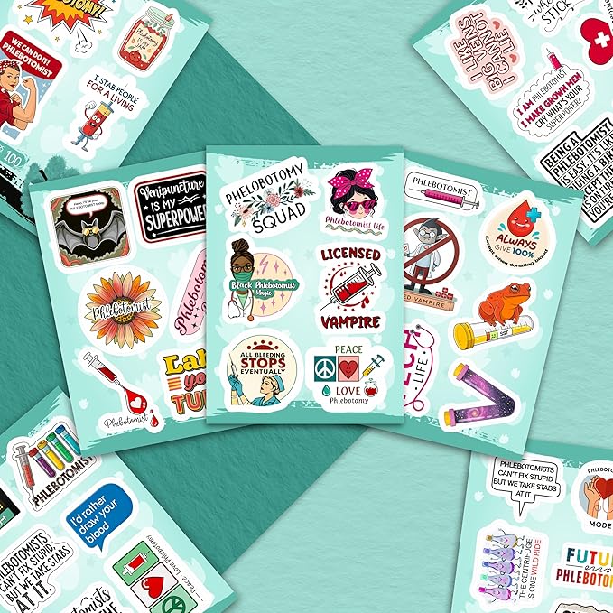 100Pcs Phlebotomy Stickers for Water Bottle, Laptop - Funny Phlebotomy Gifts for Phlebotomist - Phlebotomist Party Supplies & Decorations for Lab Week - Gift for Women & Men