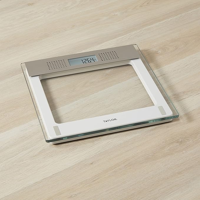 Taylor Precision Products Digital Bathroom Talking Scale, 5 Languages, Scales Body Weight, White Scale Clear Glass Stainless Steel Accents, 440 LB Capacity, Clear Stainless Steel Accents (5294756)