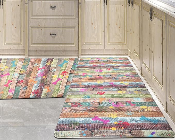 Farmhouse Kitchen Mats Cushioned Anti Fatigue Mats for Kitchen Floor Waterproof Kitchen Mats and Rugs Comfort Standing Mat for Kitchen, Laundry Room, Colorful Dog Paw and Bone(Green/Multicolor)